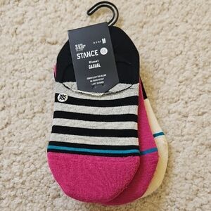 Stance 3 Pair No Show Socks- Black and Pink with Striped Design